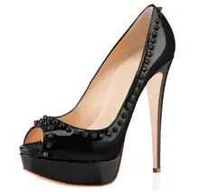 Patent Leather Real 2016 Women Pumps Slip On Rivets Ladies Party Shoes High Thin Heels Peep Toe Chaussure Femme Evening Pumps