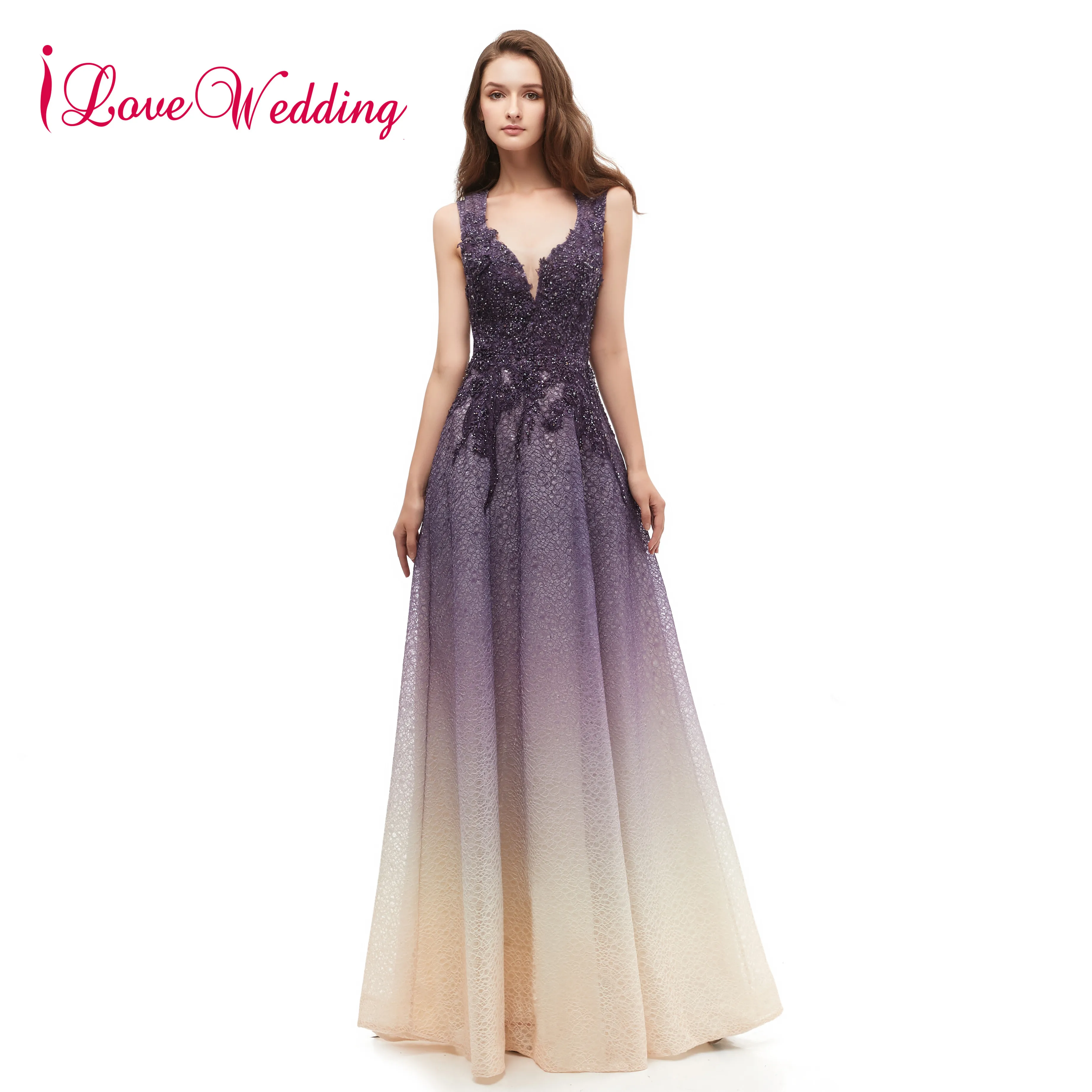 

Evening Dresses 2019 Sexy V Neck Lace Embroidery Beaded Women Formal Party Gown A Line Purple Long Evening Gown Robe de Soiree