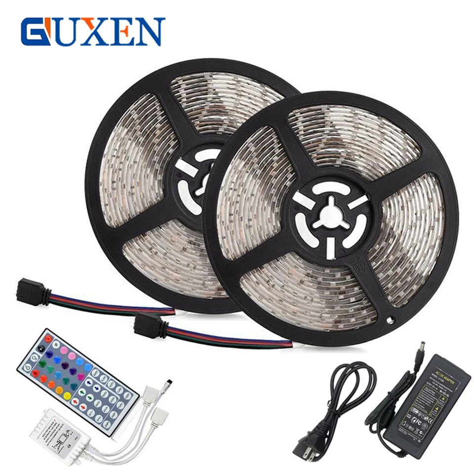 

GUXEN 2*5M Led Strip SMD5050 waterproof RGB/white/warm white strip lights +44 key IR remote controller +DC12V 5A Power Adapter