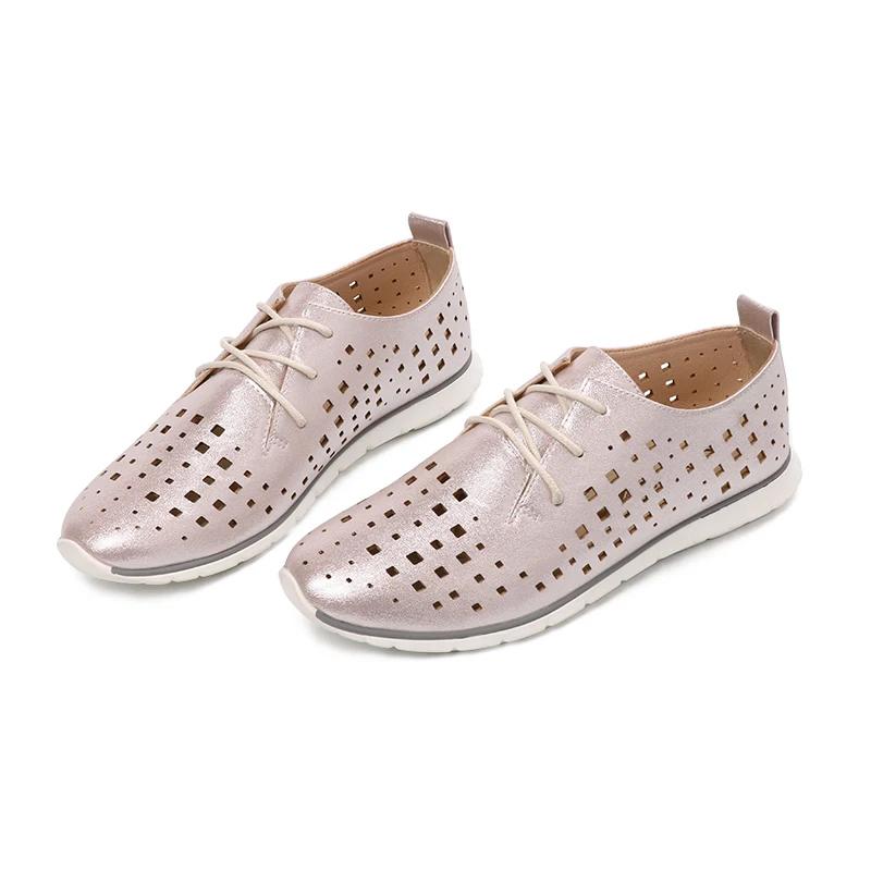 AIMEIGAO New Autumn Spring Soft Leather Women Flats Shoes Lace Up Breathable Shoes Hollow Out Casual Women Flat Soft Shoes