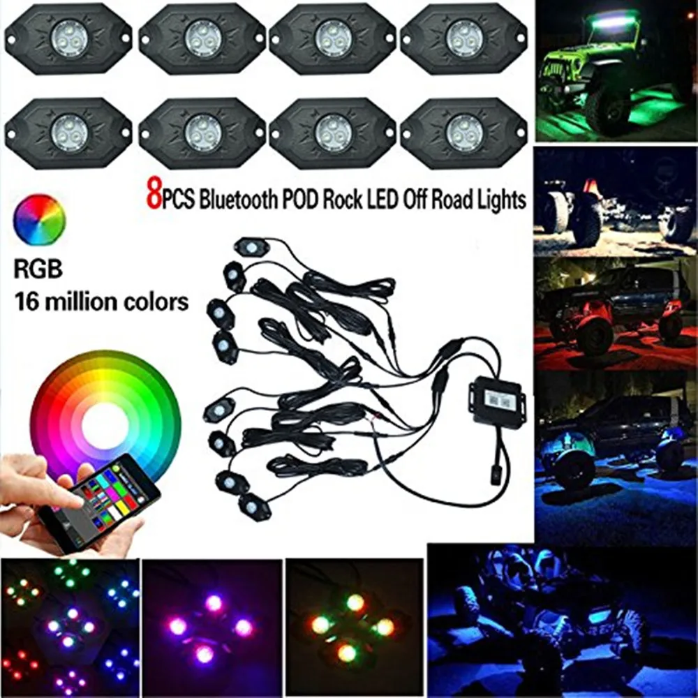 8 pcs X RGB LED Rock Light Kits With single color , strobe and music