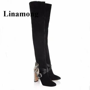 

2018 Over-the-knee Long Boots Fashion Cross-tied Metal Buckle Snakeskin Pattern Patchwork Square Heel Round Toe Women Boots