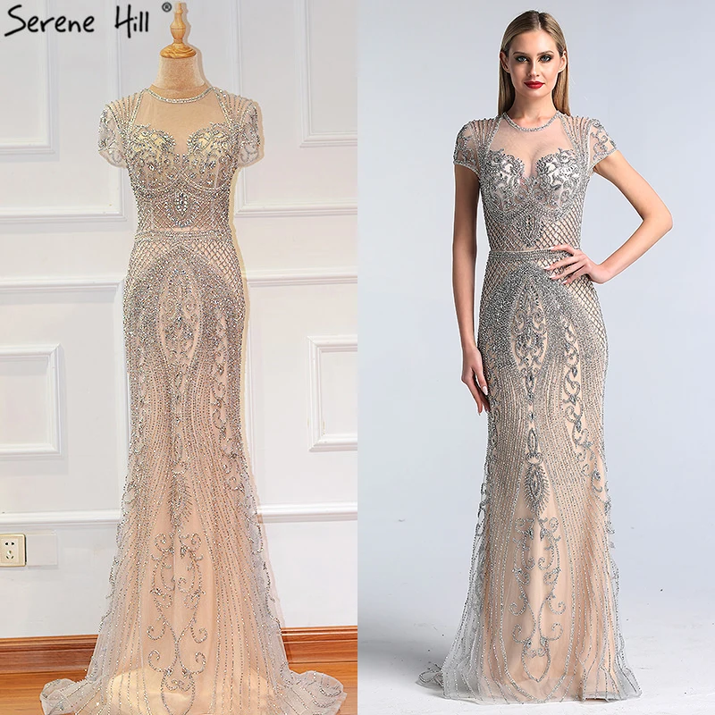 Дубай, серое сексуальное вечернее платье с бриллиантами,, роскошное вечернее платье с коротким рукавом, вечернее платье в стиле русалки, Serene Хилл, LA60934