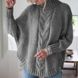 Женская зимняя одежда Большие размеры Трикотаж свитер с высоким воротником пуловеры компьютерный вязаный Повседневный рукав летучая мышь