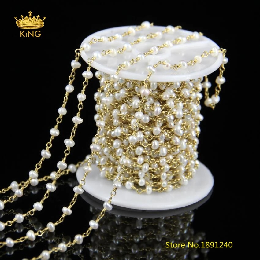 AAA Pearl Chains 5Meters 3 5mm Natural Real White Pearl Freeform Beads Chains Plated Brass Wire