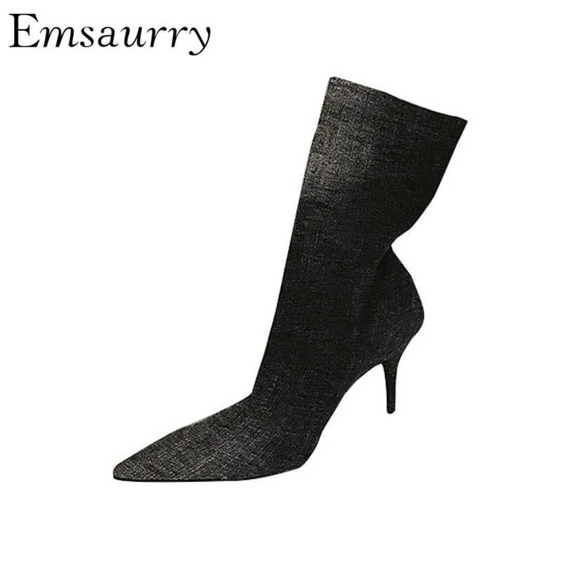 

The New Chic Women Boots Sexy 7cm Thin Heel Point Toe Slim Sock Booties Denim Blue Stretch Ankle Boots Women