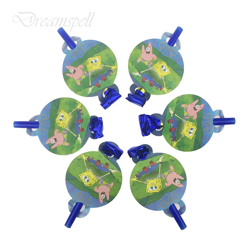 

6Pcs/lot Cartoon Spongebob theme Whistles Children Party Funny Blowing Dragon Blowout Baby kids birthday party Decor supplies