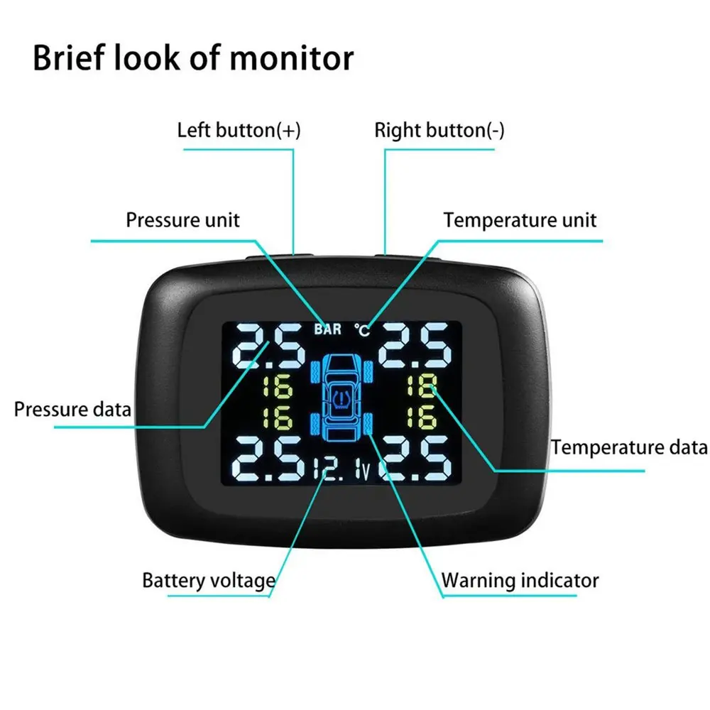 

Tire Pressure Monitoring System Wireless TPMS Monitor with 4 Internal Sensors Cigarette Lighter Plug Adjustable Display Angle