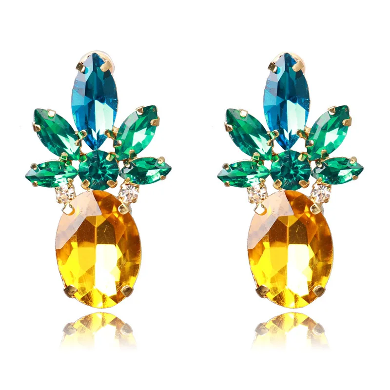 FGHGF Fashion Pineapple Stud Earrings Chic Design Created Rhinestones Yellow Green Cute Jewelry Brinco Verde Zirconia | Украшения и