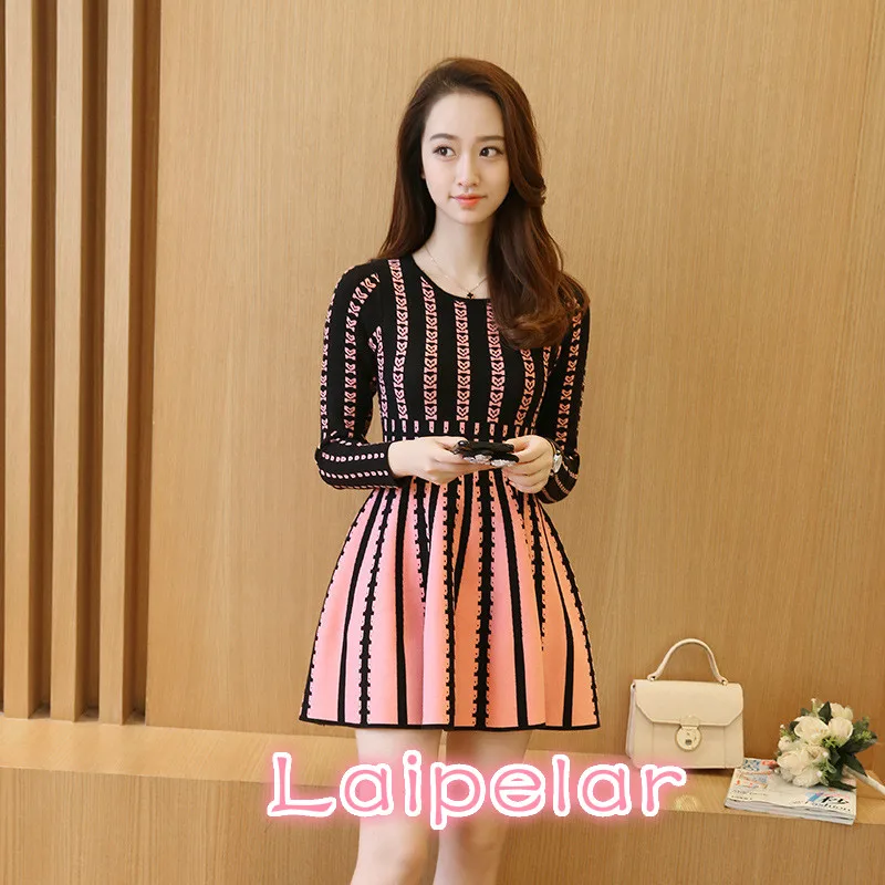 

Women Real Full Poncho Pullover 2018 Spring New Female Fashion Slim Long Striped Knit Sweater Dress A Sleeved full Laipelar