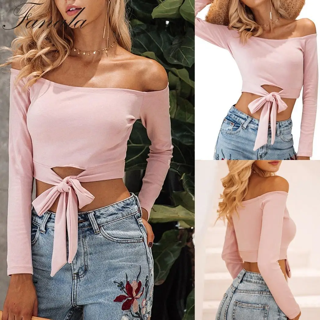 Топ Slim Fit Сексуальная плеча с длинным рукавом спереди галстук укороченный Для