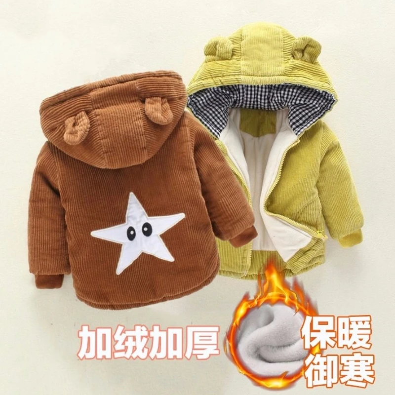 

INS hot Baby boys and girls winter coat 0-4 years old Corduroy hood Cartoon Star eyes velvet padded coat warm windbreaker