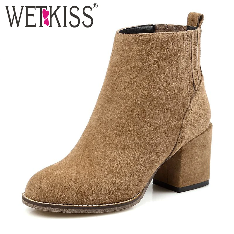 WETKISS 2016 Genuine Leather Women Boots Concise Slip On Fall Winter Boots Cozy Thick Heels High
