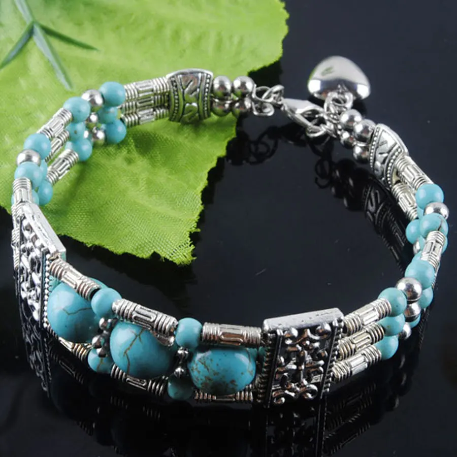 

RONGZUAN Tibetan Silver Vintage Antique Metal Blue Turquoises Stone Round Beads Natural Stone Cuff Bracelet Jewelry 6.5"-7" Z608