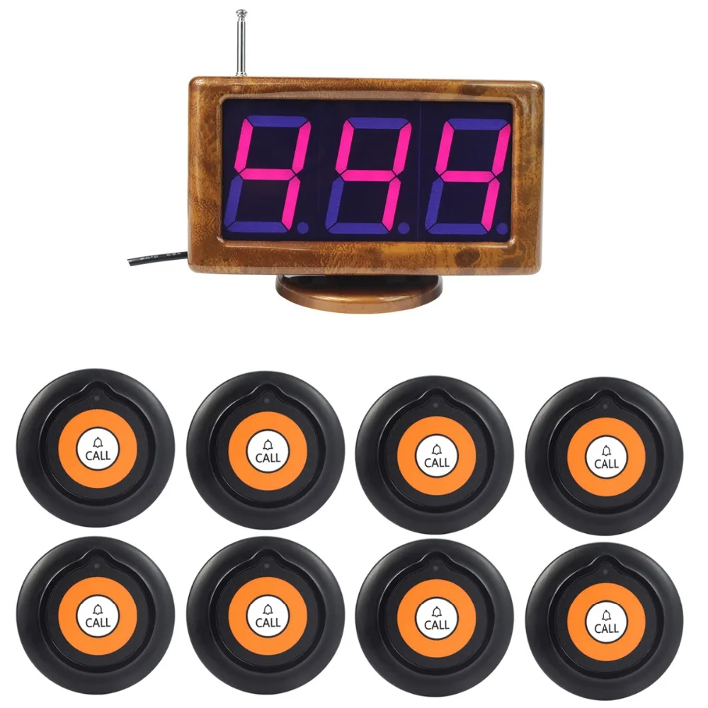 

433.92MHz Wireless Waiter Calling System With 1.8" Voice Reporting Receiver Host + 8pcs Transmitter Button F3230A--F3223A8