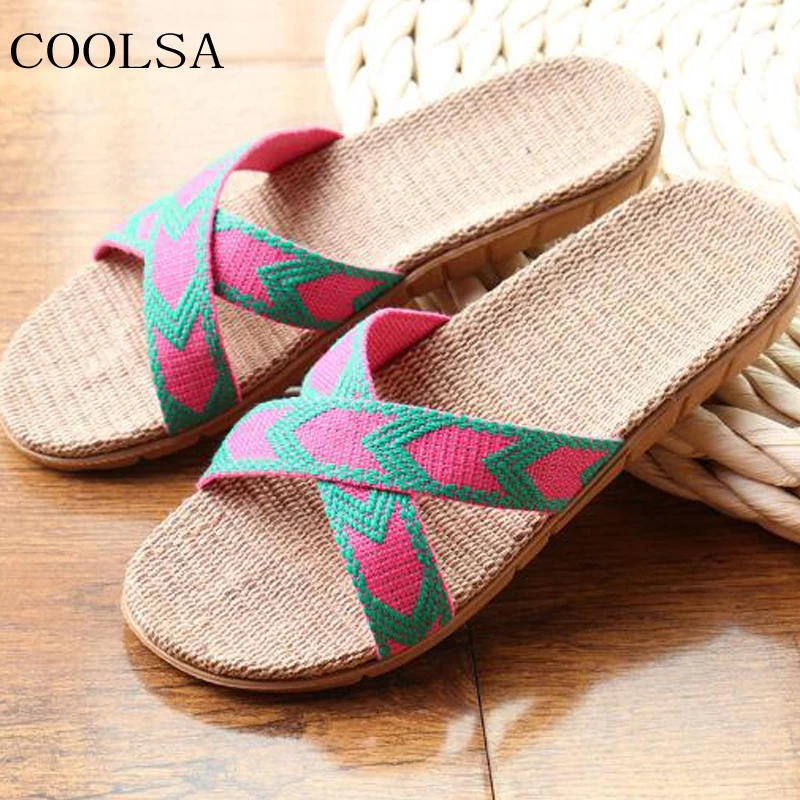 

COOLSA Women's Arrow Linen Slippers Outide Flat Flax Slippers Indoor Bathroom Hotel Home Shoes Women Slides Flip Flops Sandals