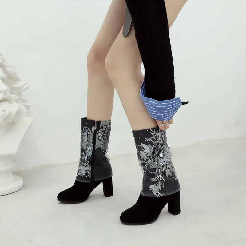 

Autumn Winter New Women's Mid-calf Boots Flower Embroidery Lace Sequins Rhinestones Shoes Leather Plus Size 4-10.5 E62