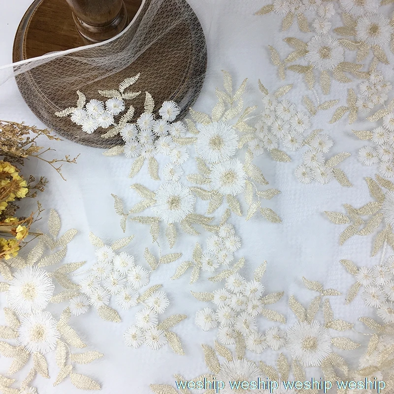 

2yards white gold flower hollow Net yarn fabric embroidery lace mesh fabric wedding dress cloth DIY garment accessories curtains