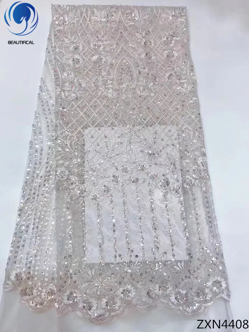 

BEAUTIFICA sequin tulle lace fabrics 2018 high quality african lace with sequins white lace fabric for wedding 5yards/lot ZXN44