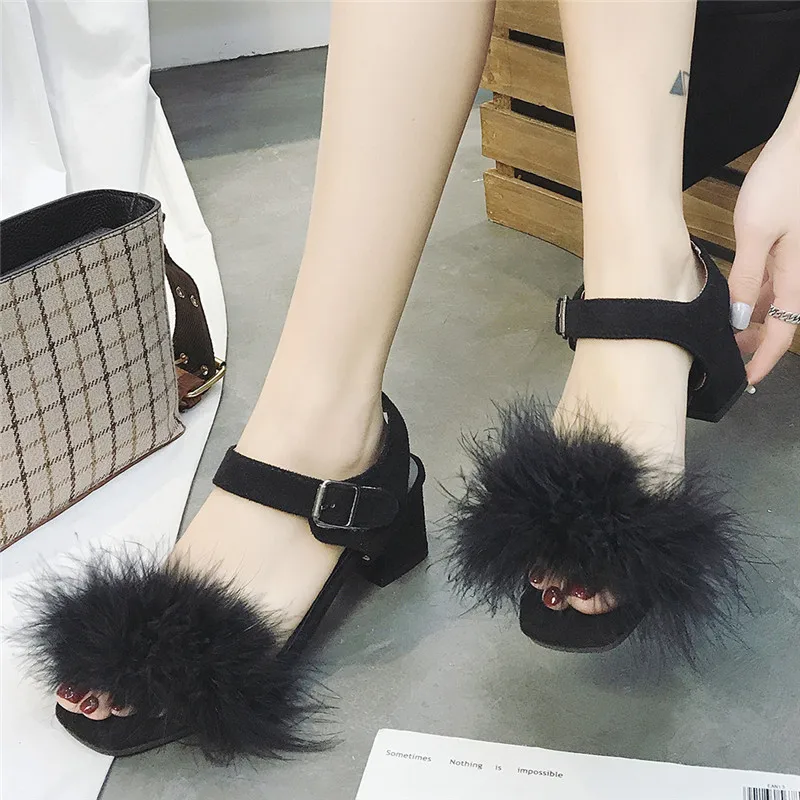 2019 Women Luxury Fur Feather Slide Sandals Fashion Casual Square Heels Mid Summer Ladies Beach Slides Shoes #40 | Обувь