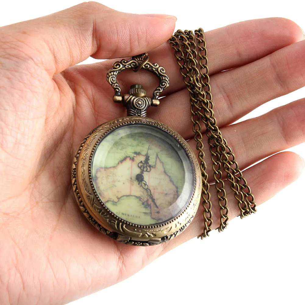 

Vintage Pocket Watch Quartz Watch Cool Chain Transparent Cover Map Pattern Dial Watches LL@17