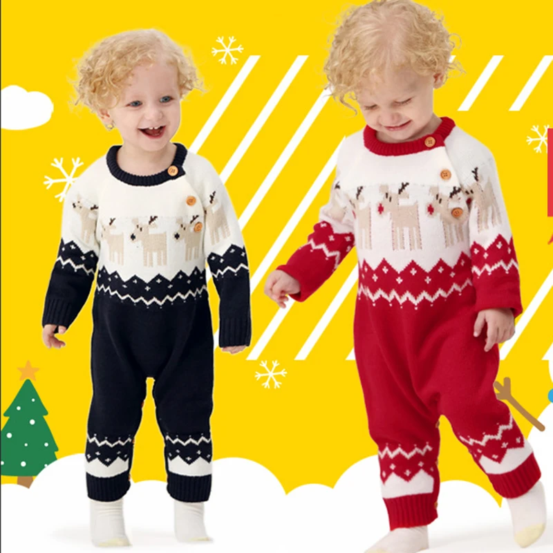 Рождественский комбинезон для маленьких мальчиков с рисунком лося; Одежда для новорожденных девочек; вязаный осенне-зимний теплый комбинезон с длинными рукавами; одежда