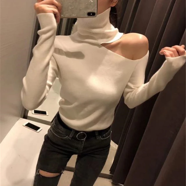 US $8.89 Knitted Sweater Off Shoulder Pullovers Sweater for Women Long Sleeve Turtleneck Female Jumper Black