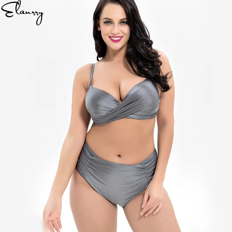 Women Plus Size Bikini Set High Waisted Sexy Solid Swimsuit Push Up Big Chest Swimwear Ladies Summer Bathing Suit 2018 Mujer