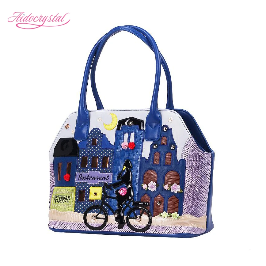ФОТО Aidocrystal 2016 new fashion retro handmade embroidery cartoon lovely city and bicycle girl shoulder bag women bag free shipping