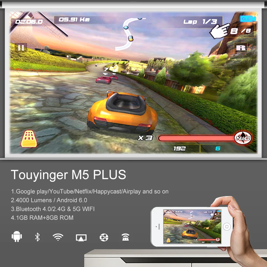 Touyinger светодиодный M5 проектор full hd видео 4000 люмен 1280*720P (андроид Bluetooth 5g Wi Fi 4K