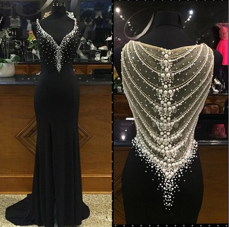 

2019 New Straps Pearls Black Evening Dress vestido de festa Sexy Luxury Illusion Back Long Formal Dress Prom Party Gowns