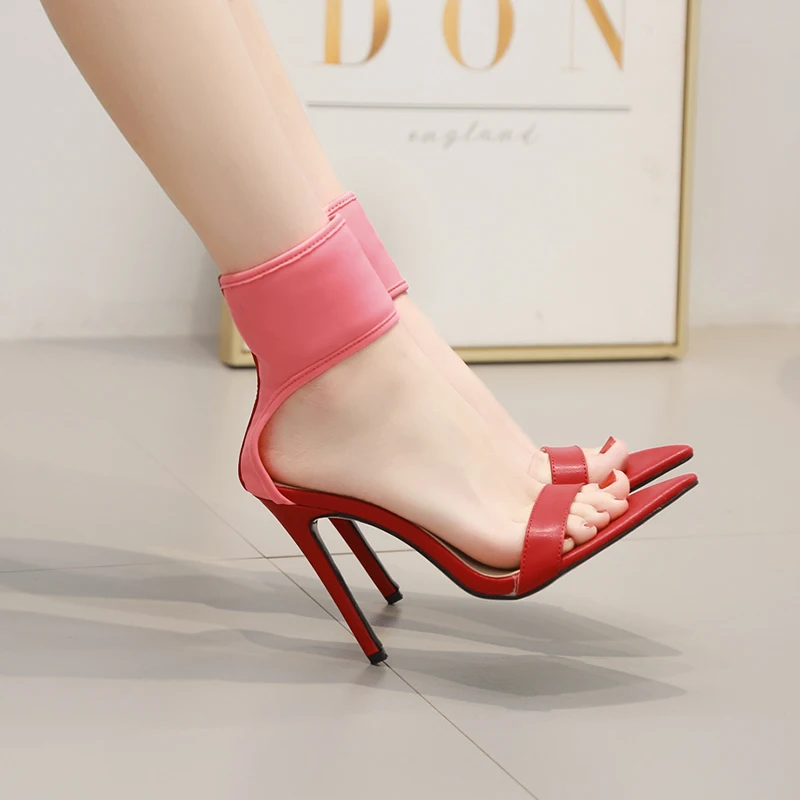 

women Elastic band Sandals summer high heels shoes fashion peep toe slides PU leather hollow pump luxury zapatos mujer black red