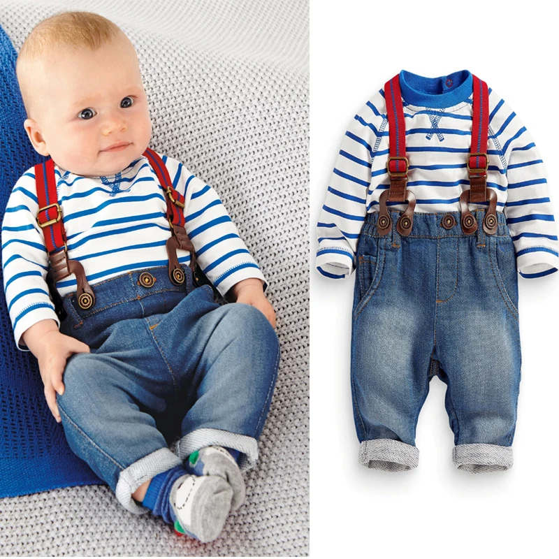 

2pcs/set Baby Denim suit overall striped clothing set cute babies girl and boy clothes for newborns Designers children's outfits