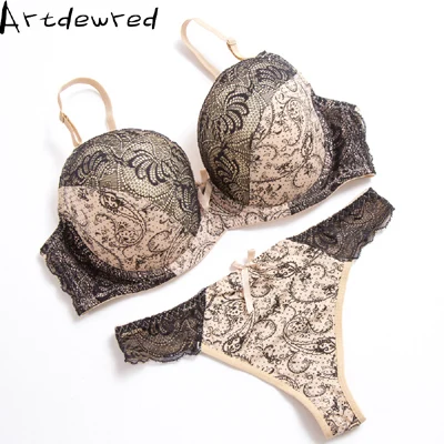 Sexy Thong Lace Push Up Bra Set Lingerie Women Underwear Sets Intimates Embroidery Floral Black White Big Size Bra Brief Sets bralette sets Bra & Brief Sets