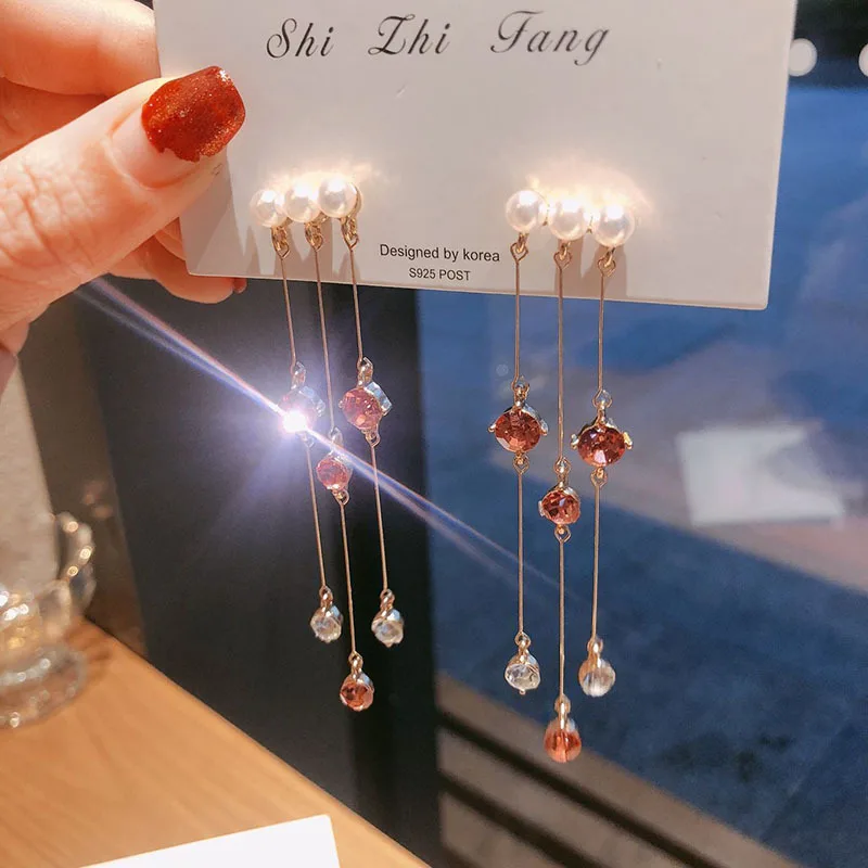 

2019 New Arrival Crystal Trendy Water Drop Women Dangle Earrings Korean Long Crystal Tassels Earrings Female Jewelry