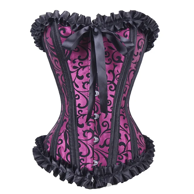 Purple / Black Floral Pattern Ruffles Victorian Corset Sexy Gothic Corsets And Bustiers