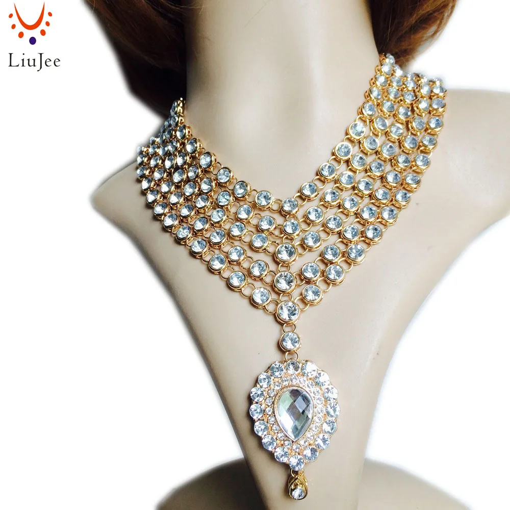 LiuJee Designer Gold Color Bollywood Party wear Kundan Jewelry Necklace Wedding Bridesmaids Party Prom NK-017