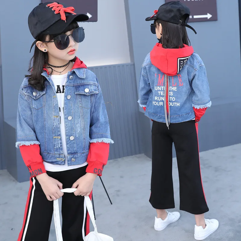 Autumn Girl Denim Coat + Wide Leg Pants Set Fashion Baby Jeans Jacket Loose Trousers Suit Children Clothing Girls Tracksuit