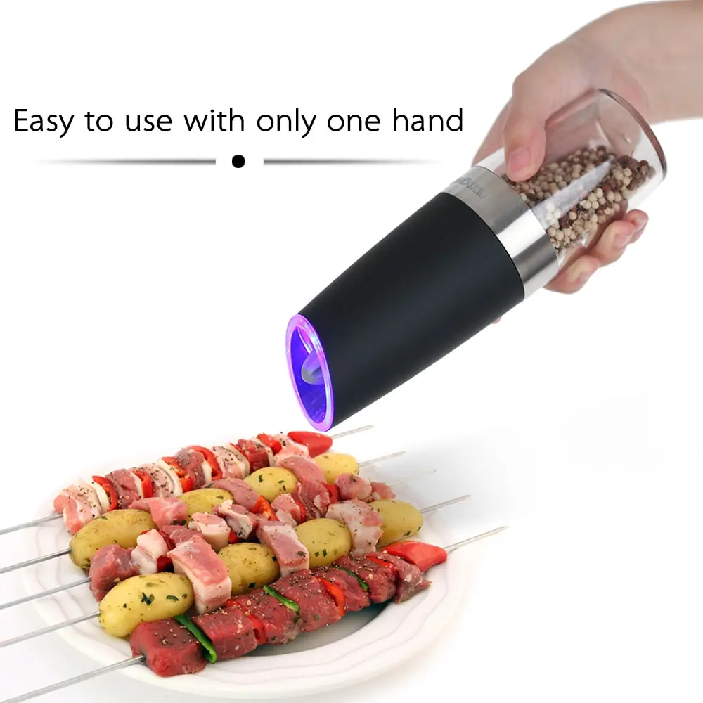 

Homgeek Portable Automatic Electric Gravity Pepper Grinder Blue LED Light Salt Mill Muller BPA Free Kitchen Grinding Tool