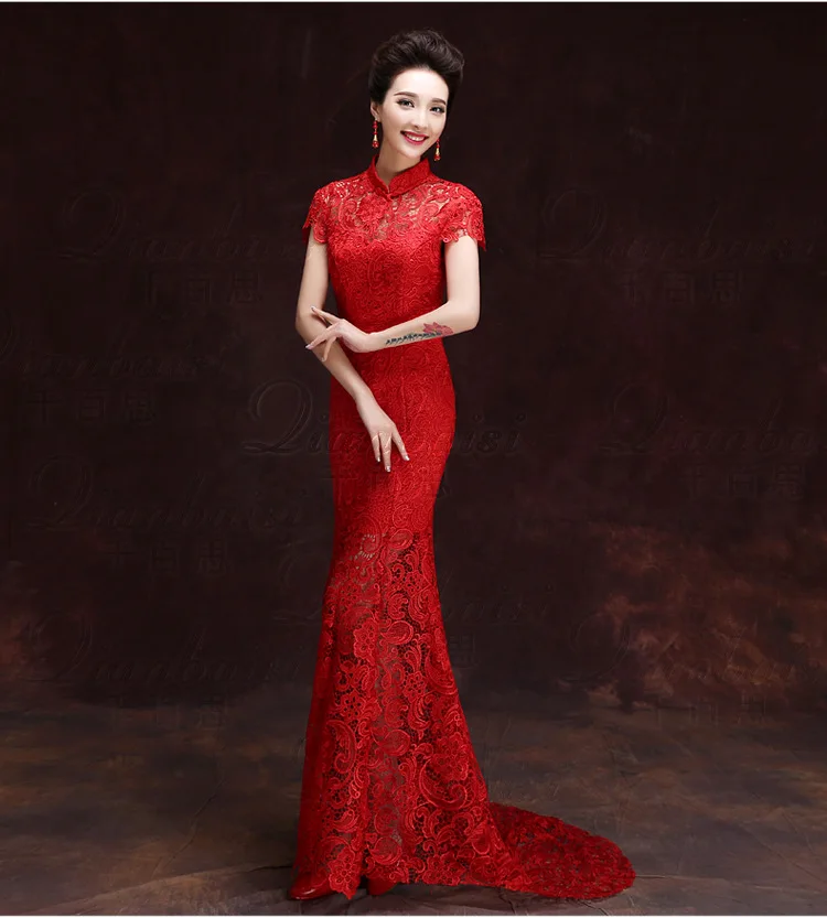 Современные китайское традиционное платье красный долго Qipao «русалка» невесты свадебное Cheongsam Vestido китайский халат Восточный вечер платье