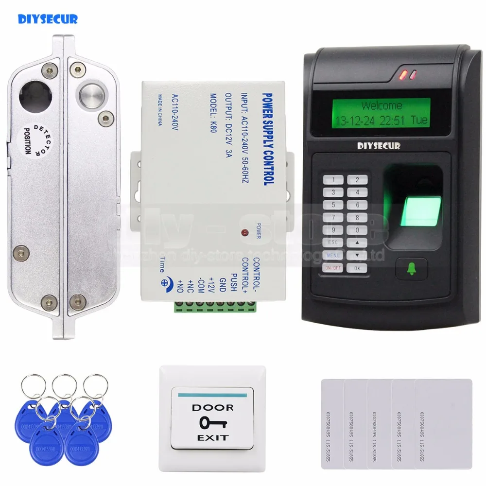 DIYSECUR 125KHz RFID LCD Fingerprint Keypad ID Card Reader Access Control System Kit + Electric Bolt Lock /Electric Mortise Lock