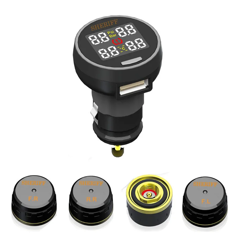 

TPMS Tyre Pressure Monitoring System with 4 External Sensors Cigarette Lighter USB charger free shipping