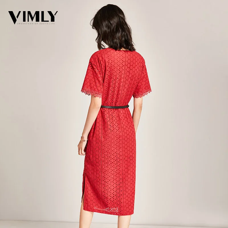 Женское кружевное платье Vimly белое/красное средней длины с треугольным вырезом и