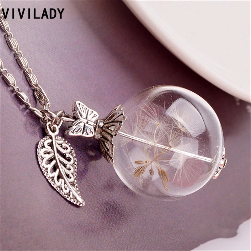 

VIVILADY Trendy Dandelion Seed Glass Drifting Bottle Pendant Necklace Women Chain Ball Heart Wish Moon Fairy Flower Jewelry Gift
