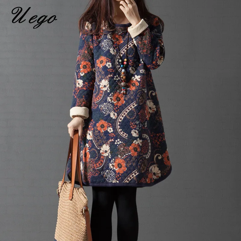 

Uego 2019 Fashion Padding Cotton Thick Spring Winter Dress Print Pattern Long Sleeve Women Casual Dress Vintage Party Dress