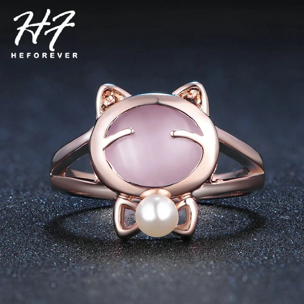

Cute Cat Ring for Women Cat's Eye Stone Imitation Pearl Rose Gold Color Austrian Crystals Xmas gift for Girl R330 R143