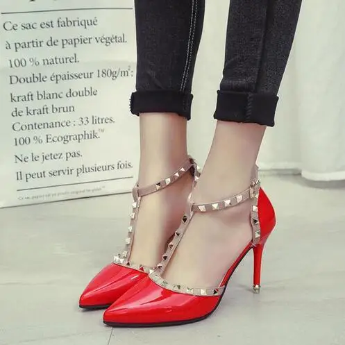 Г., новые женские туфли на высоком каблуке пикантные женские туфли-лодочки с острым носком открытые туфли на каблуке с пряжкой и заклепками - Цвет: Красный