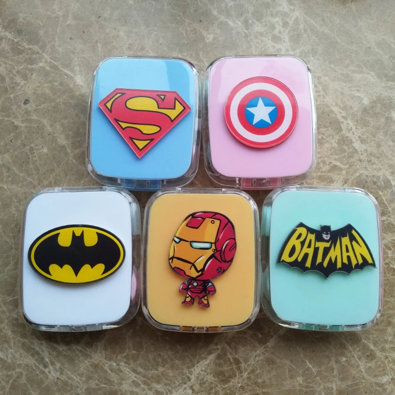 

LIUSVENTINA DIY Acrylic Superman Batman Captain America Iron man Contact Lens Case with Mirror Box Container for Color Lenses
