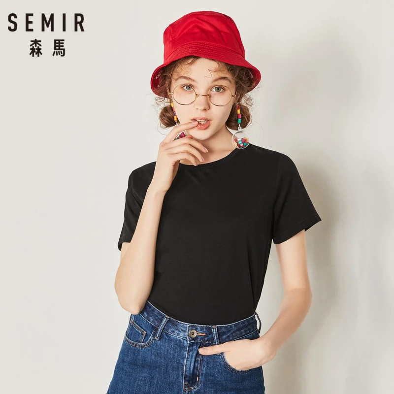 

SEMIR Women Soft Cotton Short-Sleeved Ribbed Crewneck T-shirt in Slim Fit Women's Jersey T-shirt T Shirt Top in Solid Color