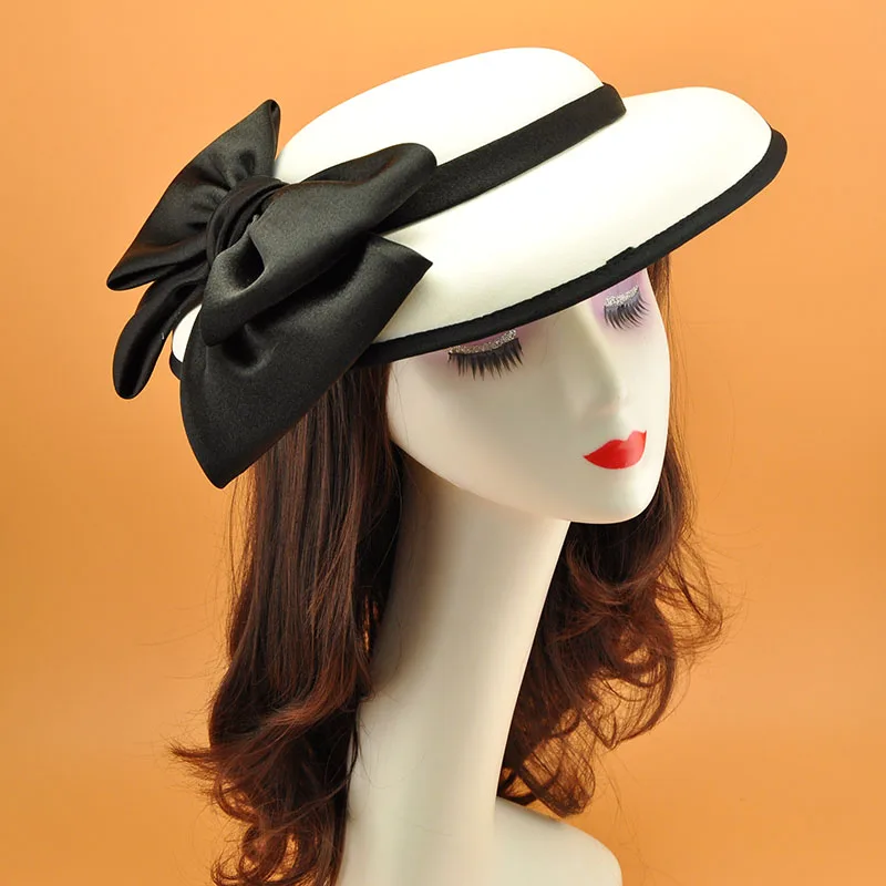 Черно-белая свадебная шляпа для женщин с большим бантом, шляпа-Чародей Sinamay, шляпа для коктейля, банкета, ужина, вечерние, винтажные, элегантные женские головные уборы Fedora